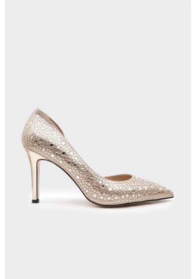Derinet Taşlı Dekolteli Kadın Stiletto Altın Altın