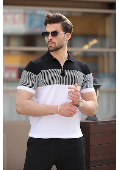 Madmext Beyaz Renk Bloklu Polo Yaka Triko Erkek T-shirt E7409 Beyaz