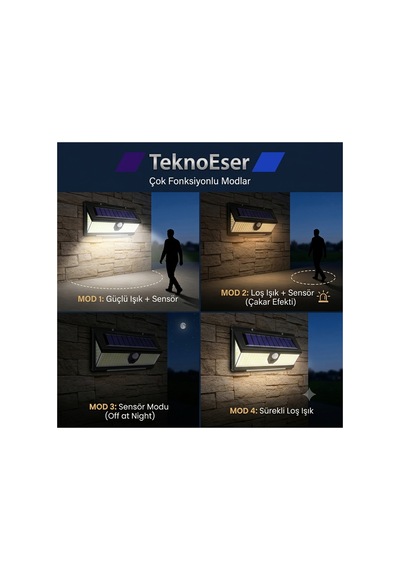 190 Smd Led Solar Bahçe Lambası - 4 Modlu Çakar Efektli Hareket Sensörlü Dış Mekan Aydınlatma