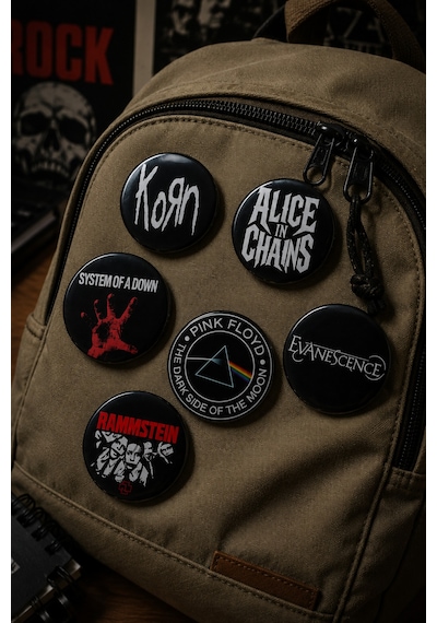 Mashspot 6 Lı Rock Metal Rozet Seti 2 Korn, Alice İn Chains, Rammstein, Pink Floyd, Evanescence, System Of A Down 58 Mm Çok Renkli