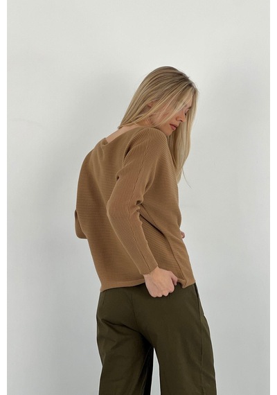 Miss Poem Kadın Geniş Yaka Kışlık Fitilli Uzun Basic Camel Triko Kazak Camel