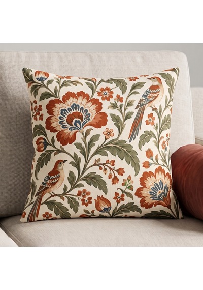 4'lü Kiremit Haki Kuşlu Botanik Desenli Dekoratif Kırlent Kılıfı Seti - Çift Taraflı 43x43 Cm Kiremit Kırmızısı