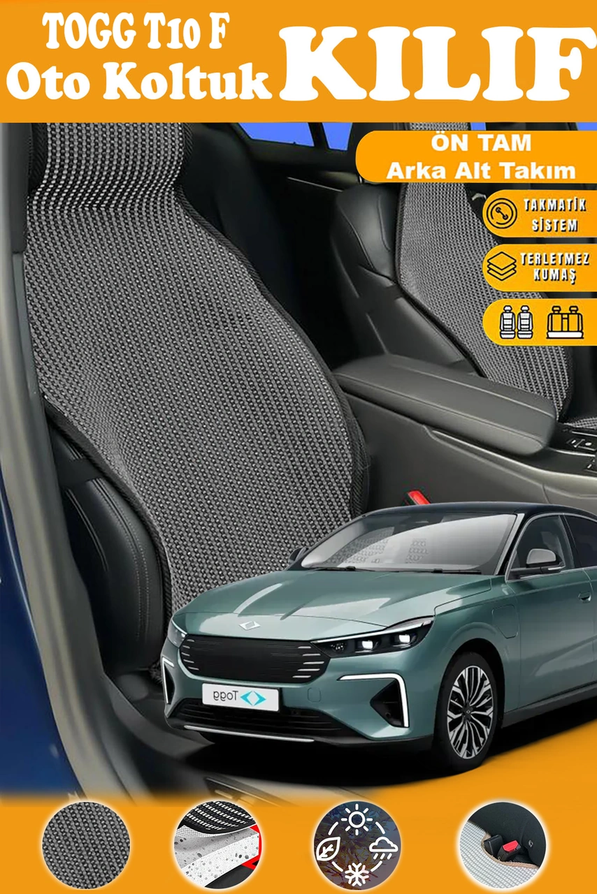 Togg T10 F Uyumlu Siyah Prestij Serisi Dokuma Kumaş Oto Koltuk Kılıfı Ön Tam Arka Alt