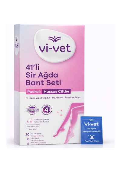 Vi-vet 41 Li Pudralı Sir Ağda Bant Seti Hassas Ciltlere Uygun, En Kısa Tüylerde Etkili Full Body Ağda Bandı + Temizleme Mendili