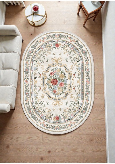 Oval Vintage Gül Desenli Krem Kilim Fransız Klasik Şık Salon Oturma Odası Halısı Krem Krem
