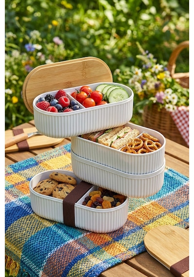 Makri Home 3 Adet 2'li Bambu Kapaklı Saklama Ve Beslenme Kutusu 2 Katlı, 20 X 9 X 5,5 Cm Krem