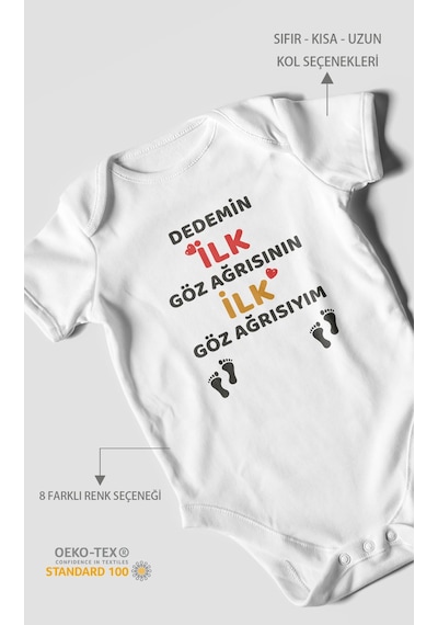 Dedemin İlk Göz Ağrısıyım Baskılı Bebek Zıbını Çıtçıtlı Body %100 Pamuk Kısa Kol Beyaz