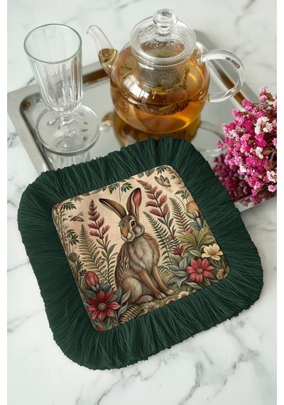 Vintage Tavşan Bahçe Saçaklı Sunum Peçetesi - Doğal Botanik Bohem Koyu Yeşil Bardak Altlığı Mendil Çok Renkli
