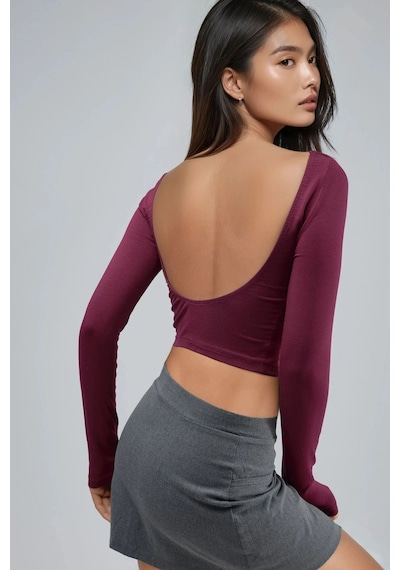 Hiccup Busem Sırt Dekolteli Slim Fit Kısa Bluz Bordo Kırmızı