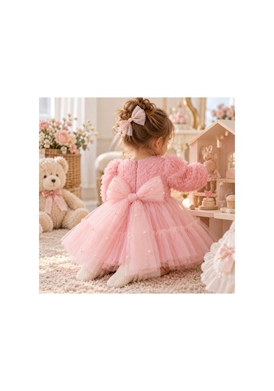 Ministok Pearl Rose Arkası Fiyonklu İnci Detaylı Kız Bebek Uzun Kollu Özel Pembe