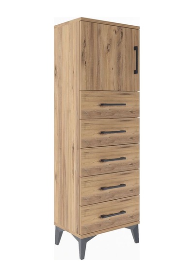 Arges Dolap Tek Raflı 5 Çekmeceli Tek Kapaklı 44x30x134 Çam-çam Çam