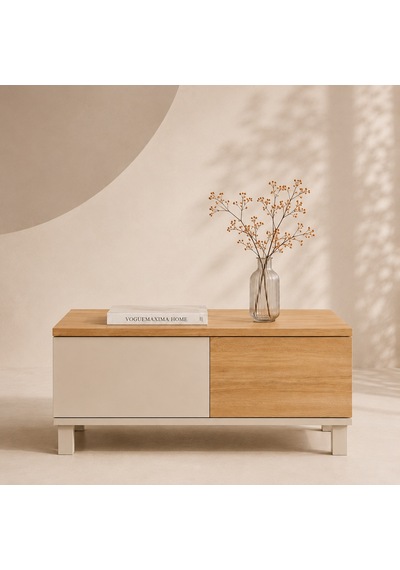 The Voguemaxima Mirelay 2 Çekmeceli Kayın Ahşap Ayaklı Orta Sehpa 90 60 40 Cm Bej