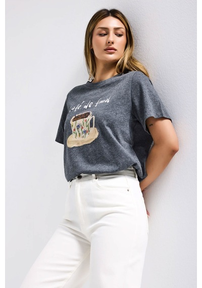 it's basic Kadın Gri W5 Oversize Özel Baskılı Tasarım T-shirt