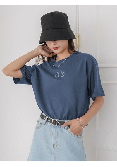 Flood Of Style Kadın Indigo Mavi Penguen Baskılı Oversize T-shirt Lacivert
