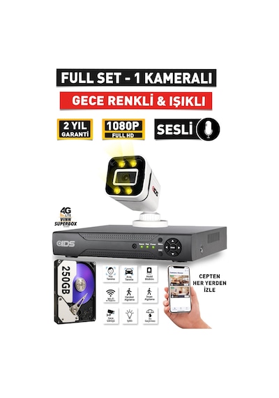 Sesli - 1 Kameralı Fullhd Gece Renkli Ve Işıklı Güvenlik Kamerası - Kamera Seti 250gb Disk