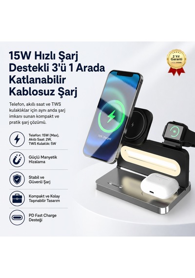 15w Hızlı Sarj Destekli 3'ü 1 Arada Katlanabilir Manyetik Kablosuz Şarj Cihazı Telefon Akıllı Saat Ve Tws Kulaklık Şarj Standı-1700