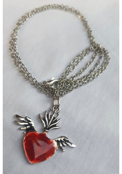 Kırmızı Uçan Kalp Gotik Kolye Gümüş