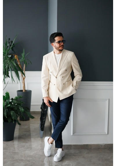 Avni Ceylan Gofre Kumaş İtalyan Stil Slim Fit Kruvaze Erkek Ceket Special Edition Krem