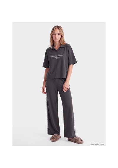 Lcw Young Antrasit Polo Yaka Baskılı Kadın Pijama Takım