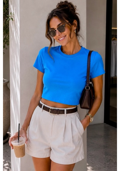 Bbbutikbasic %100 Pamuk Basic Crop Tişört My3535 Mavi