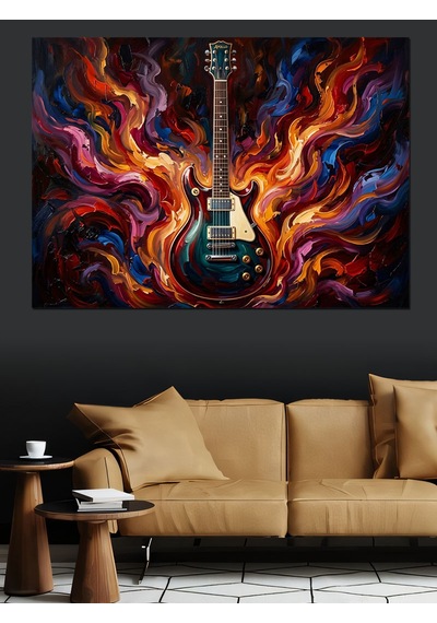Alevler İçinde Elektro Gitar Sanatı Dekoratif Kanvas - Mdf Ahşap Tablo