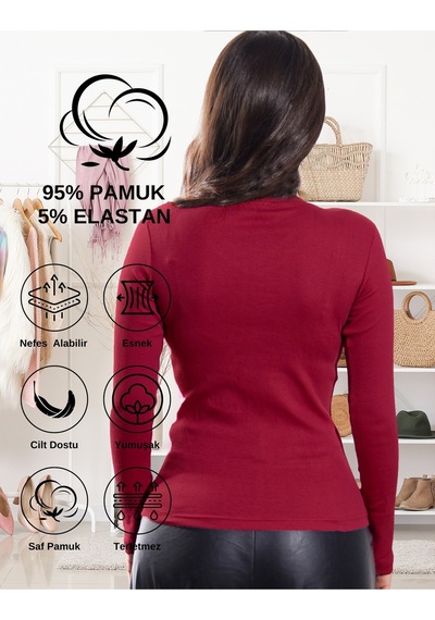 Alya Underwear Kaşkorse Yarım Boğaz Body Sweatshirt, Fitilli Kumaş, Likralı, Bordo Bordo