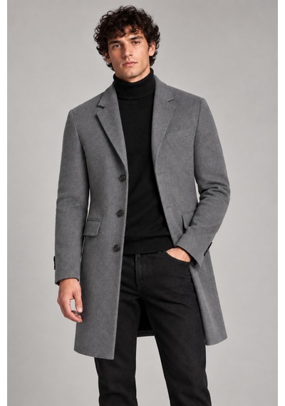 Maison Rae Erkek Antrasit, Slim Fit Kaşe Kaban Klasik Yaka 3 Düğmeli Uzun Kesim Kışlık Palto