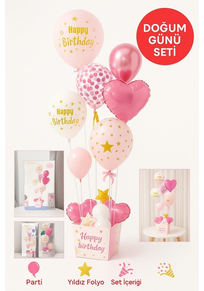 Pembe Doğum Günü Balon Kutusu Happy Birthday Konsept Parti Süsleri Masa Üstü Stand