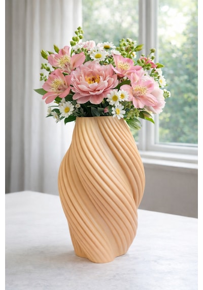 3d Tasarım Pla+ Plastik Modern Vazo Minimal Dekoratif Çiçek Vazosu 20cm Uzunluk Bej