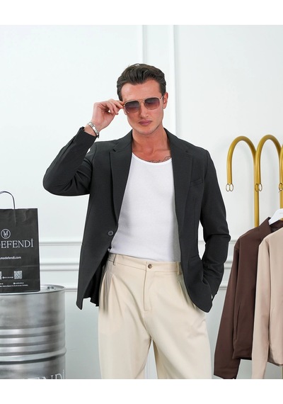 Modefendi Özel Seri %100 Gofre Kumaş İtalyan Kesim Modern Fit Ceket Siyah