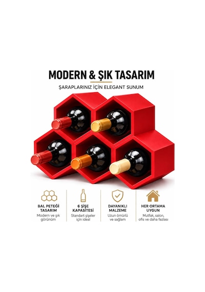 Kırmızı Modern Şarap Stand 5 Hazneli Şık Tasarım Şarap Şişe Organizer Stand