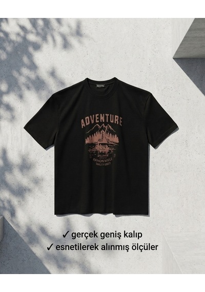 Büyük Beden Bisiklet Yaka Baskılı Erkek Tshirt Siyah