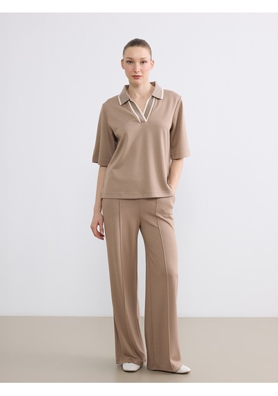 Lcw Everyday Kahverengi Polo Yaka Soft Touch Kadın Tişört