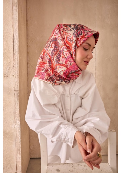 Twill İpek Eşarp 11473-42 Açık Vizon, Nar Çiçeği, Pembe, Antrasit