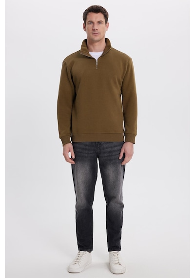 Tudors Unisex Relax Fit Rahat Kesim Pamuklu İçi Polarlı Yarım Fermuarlı Yeşil Dik Yaka Sweatshirt-35164 Yeşil