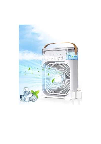 Exenar - Beyaz - Buharlı Serinletici Masaüstü Mini Fan Nemlendirici Led Işıklı Hava Soğutucu Vantilatör 600ml 3kademe