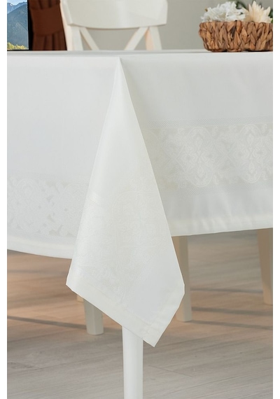 Jumbo Jakar Pano Desen Leke Tutmaz Jakarlı 150x250 Cm Lüks 8 Kişilik Masa Örtüsü Krem Beyaz