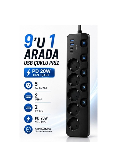 5'li Akım Korumalı Usb Çoklu Priz 2 Usb-a 2 Type-c Pd 20w Hızlı Şarj Anahtarlı Grup Priz 3680w 2 Metre 0 - 2 M