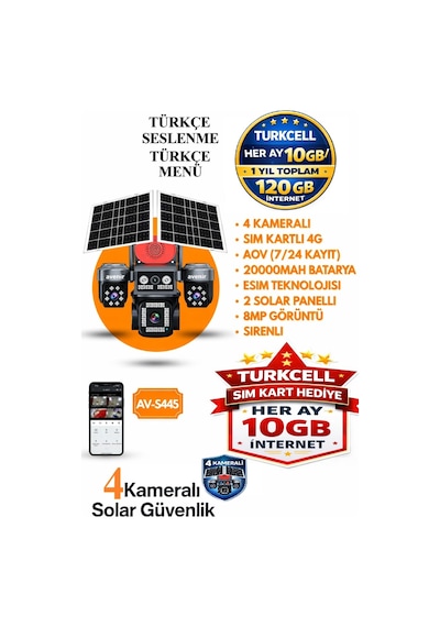 4 Kameralı Güneş Enerjili 4g Kamera 7/24 Kayıt 1 Yıl Her Ay 10gb