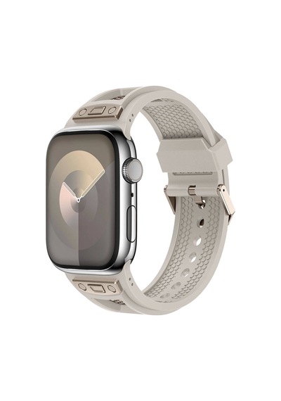 Apple Uyumlu  Watch 44mm Zore Krd-117 Hava Alabilen Delikli Metal Süslemeli Desenli Silikon Kordon