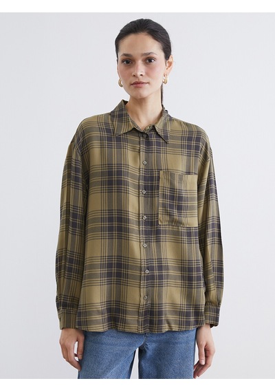 Lcw Modest Yeşil Ekose Poplin Oversize Kadın Gömlek Tunik