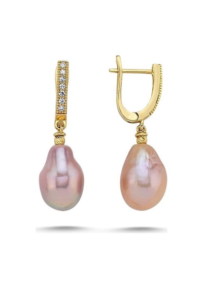 10,5 Mm Zirkon Taşlı Multicolor Barok Doğal İnci Küpe Sarı Sarı