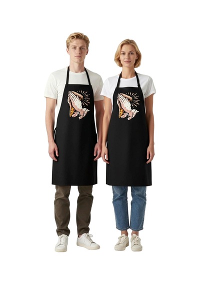 Kadın Unisex Mutfak Aşçı Önlüğü Dua Eden Eller Pizza Baskılı Sana Siyah