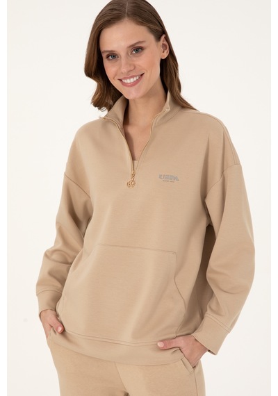 U.S. Polo Assn. Kadın Kum Dik Yaka Fermuarlı Sweatshirt 50297316-VR085