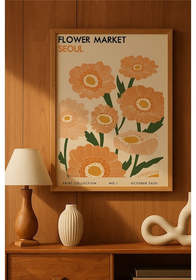 Flower Market Seul Doğal Ahşap Çerçeveli Poster, Dekoratif Sanatsal Duvar Tablosu