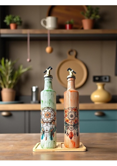 500 Ml El Boyaması Cam Yağdanlık Seti Dreamcatcher Rüya Kovucu Desenli Ahşap Standlı Turu Turuncu
