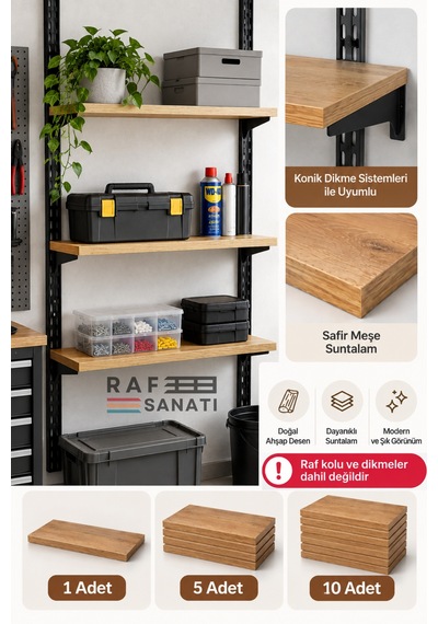 10 Adet - 90x30 Cm Suntalam Mağaza Rafı Safir Meşe Geniş Ahşap Raf Tablası Konik Dikme Uyumlu