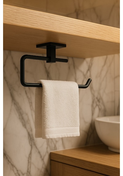 Yapışkanlı Siyah 4’lü Banyo & Mutfak Havluluk Seti – WC Kağıtlık, Rulo, Çember ve Uzun Havlu Askısı