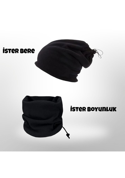 Qulothes Termal Polar Soğuk Geçirmez Bere & Boyunluk Unisex Pamuklu Kışlık Ayarlanabilir İpli Bere Siyah