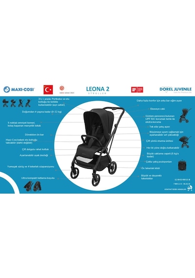 Maxi-Cosi Leona2 Çift Yönlü Uzatılabilir Sırt Desteği Tam Yatabilir Bebek Arabası Twillic Black